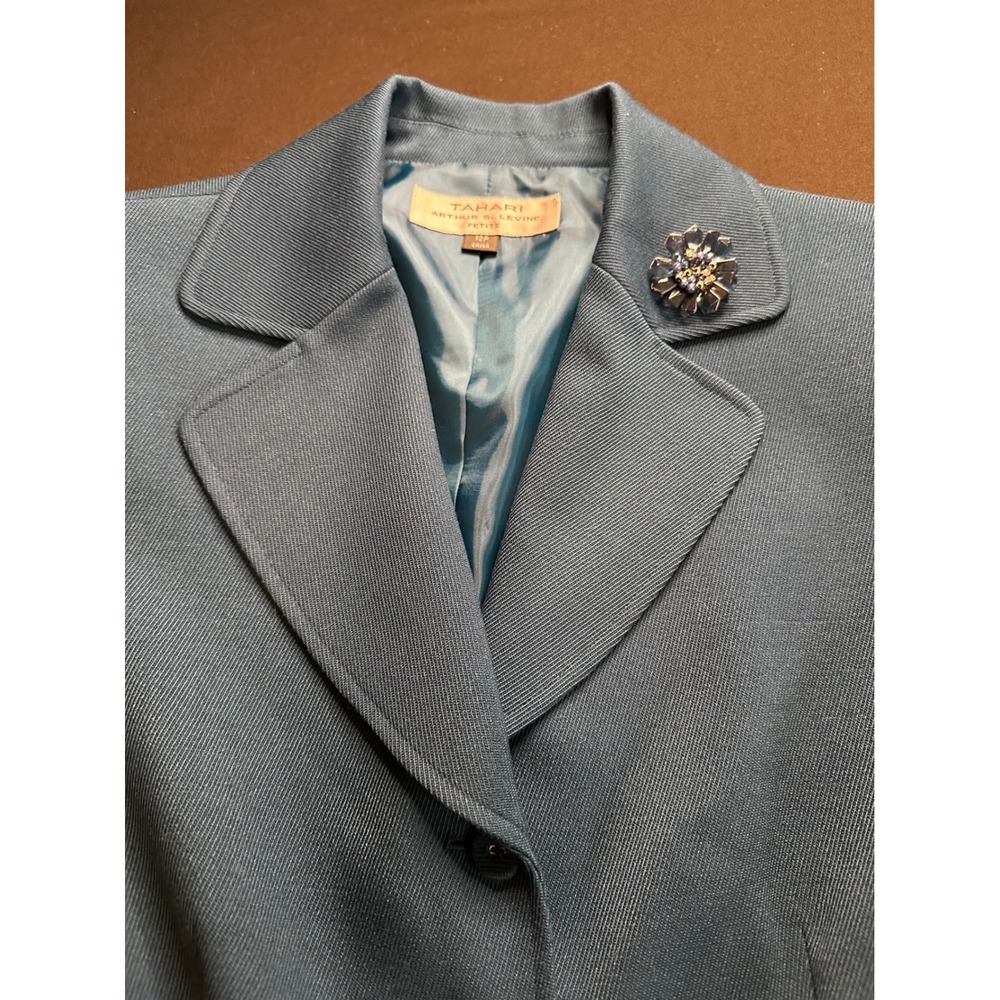 Tahari Arthur S. Levine Slate Blue Twill Blazer Jacket with Brooch Petite 12P